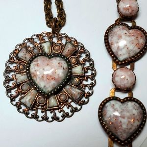 Vintage Copper Art Glass Necklace Pink Heart Chain Bracelet Set As Is MCM LARGE